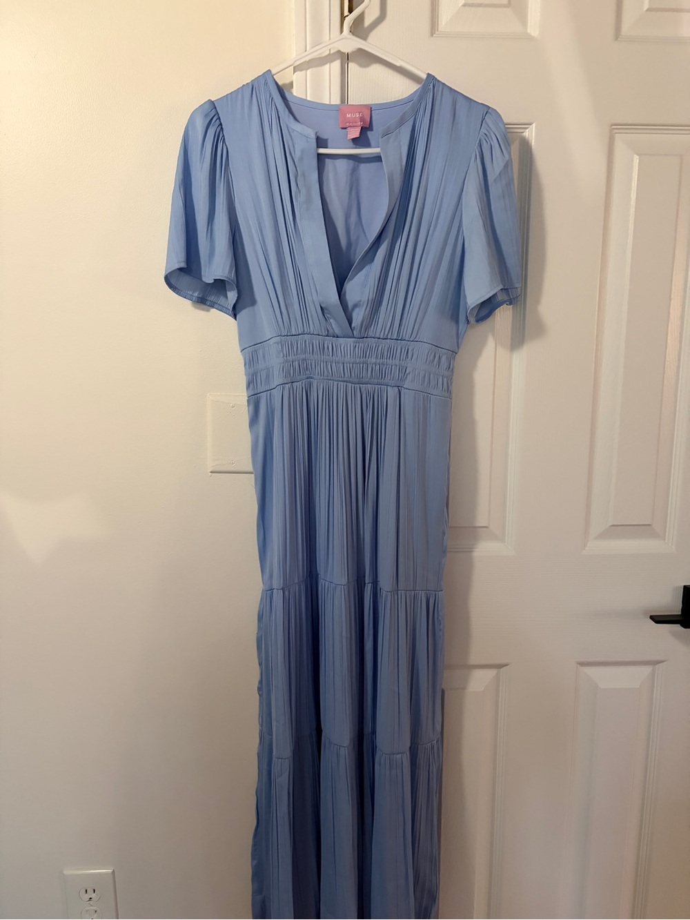 Sky Blue Pleated V-Neck Maxi Dress